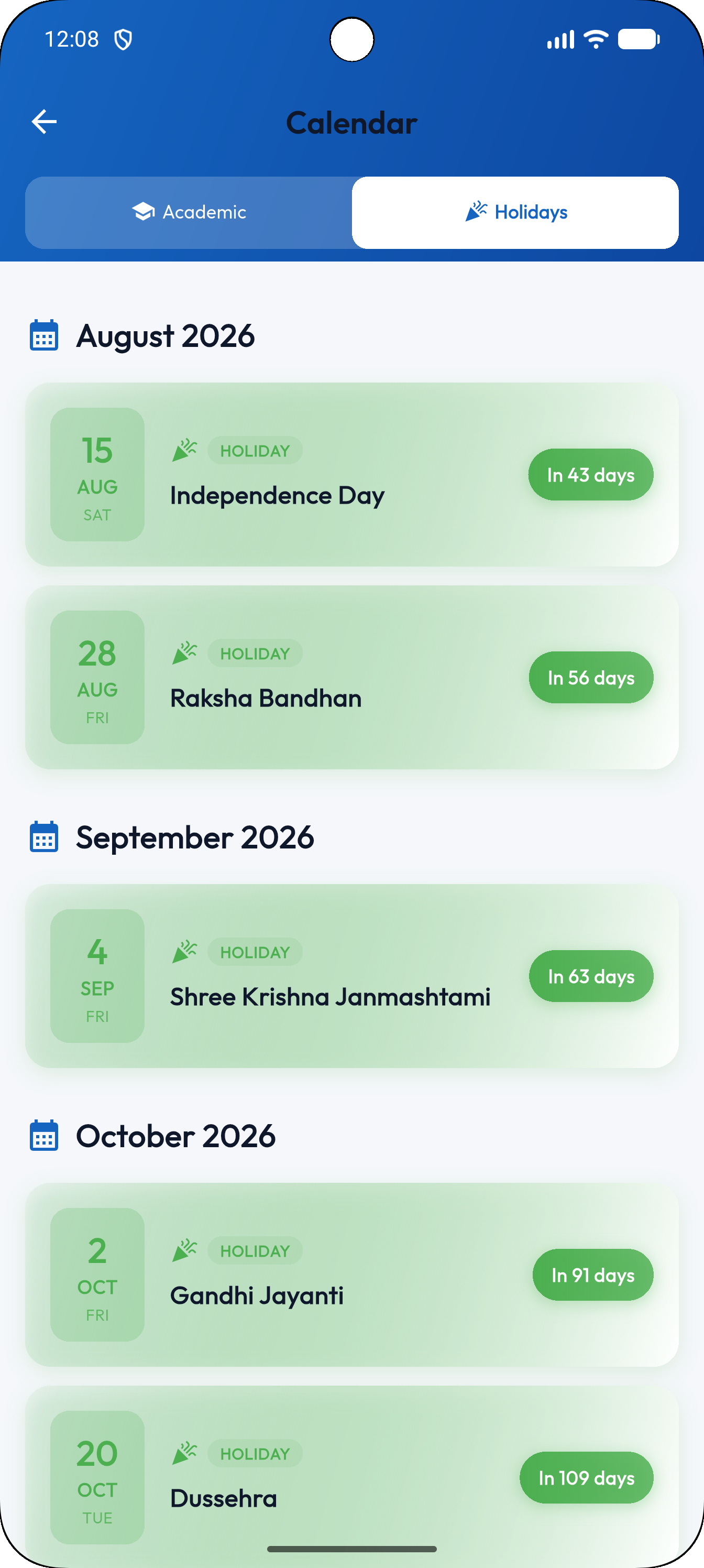 Holidays screen