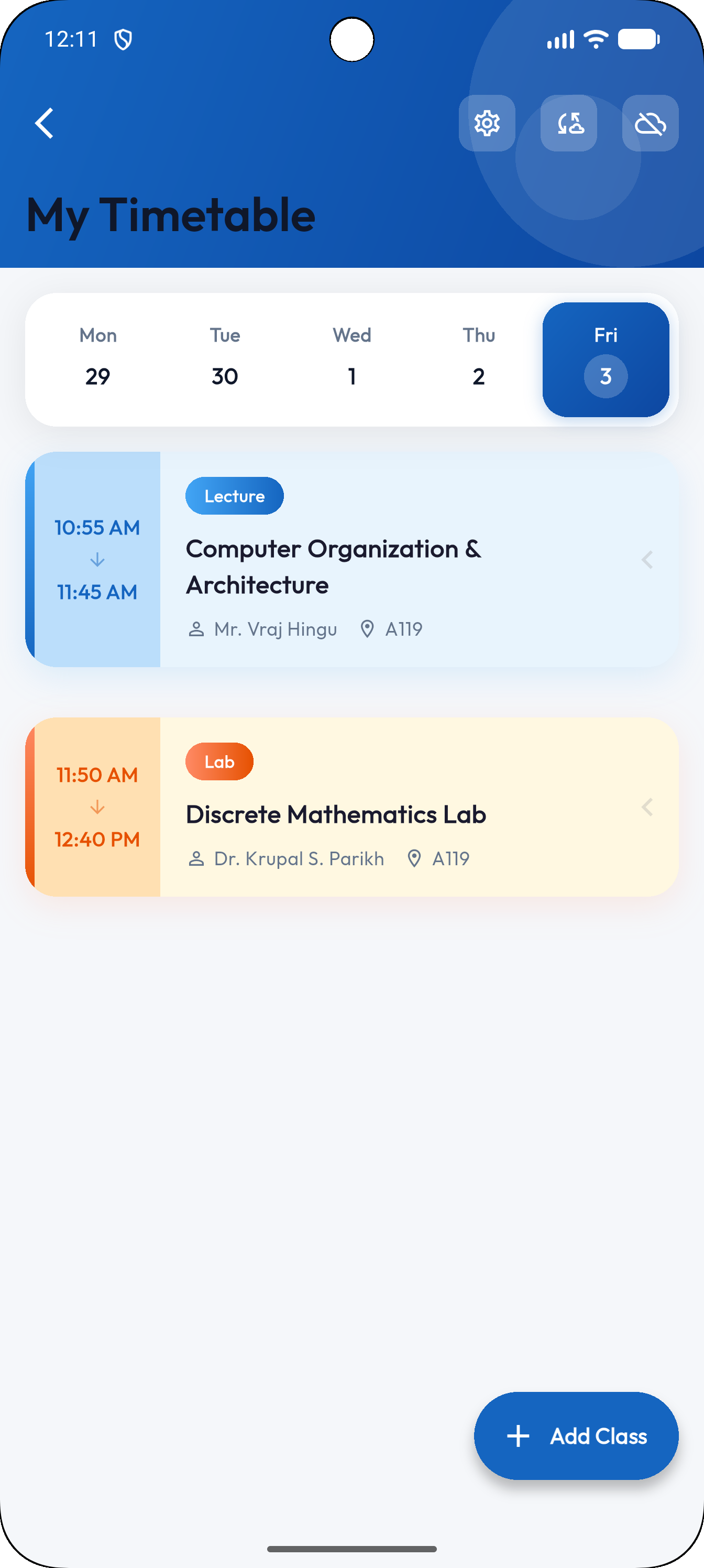 Timetable screen